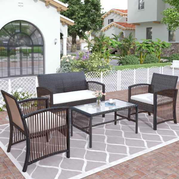 4Pcs Outdoor Patio Furniture Set 3 Rattan Chair Sofa &1 Coffee Table