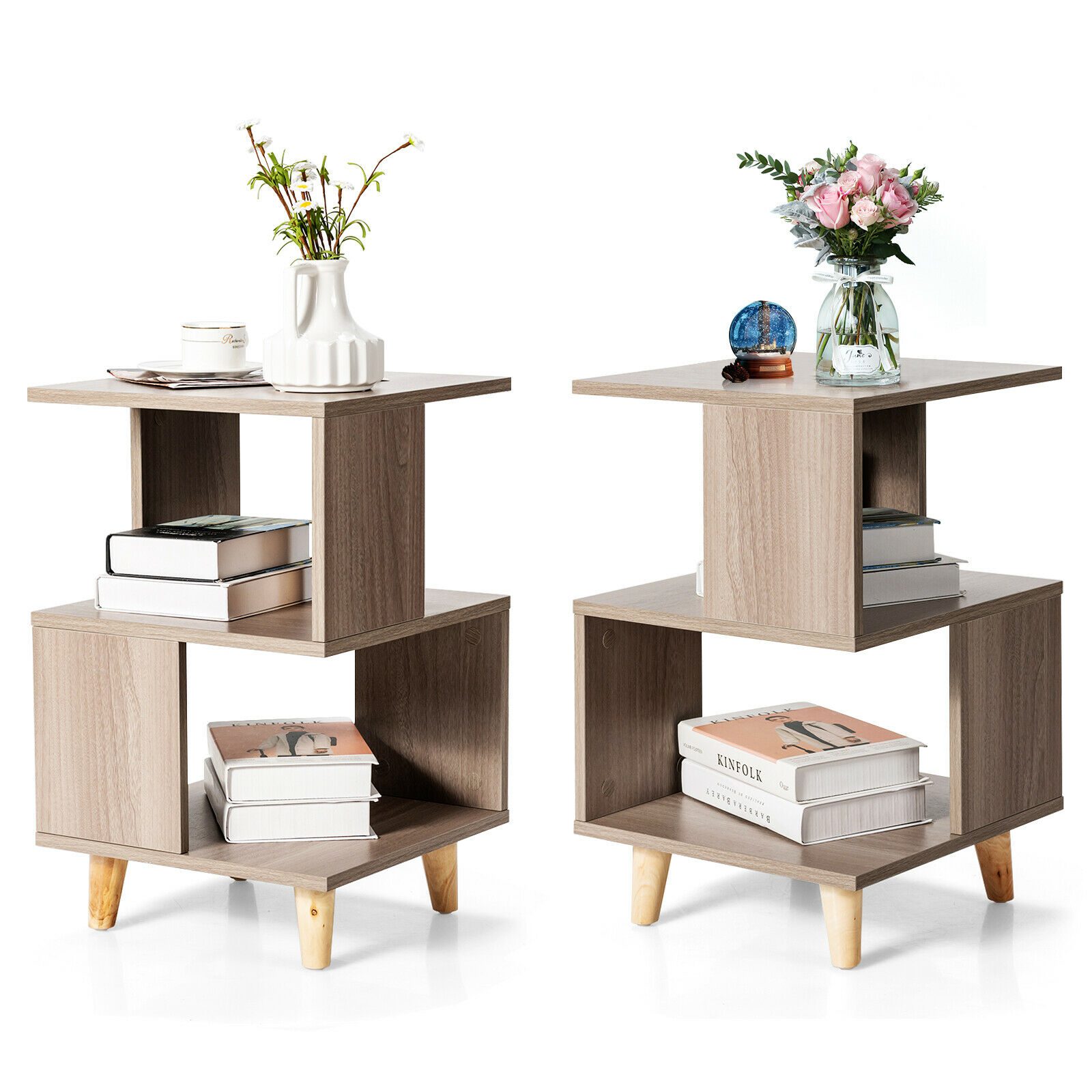 Costway-2-PCS-Nightstand-Set-Modern-Side-End-Table-Wood-Legs-Storage-Shelf-Grey-CB10236
