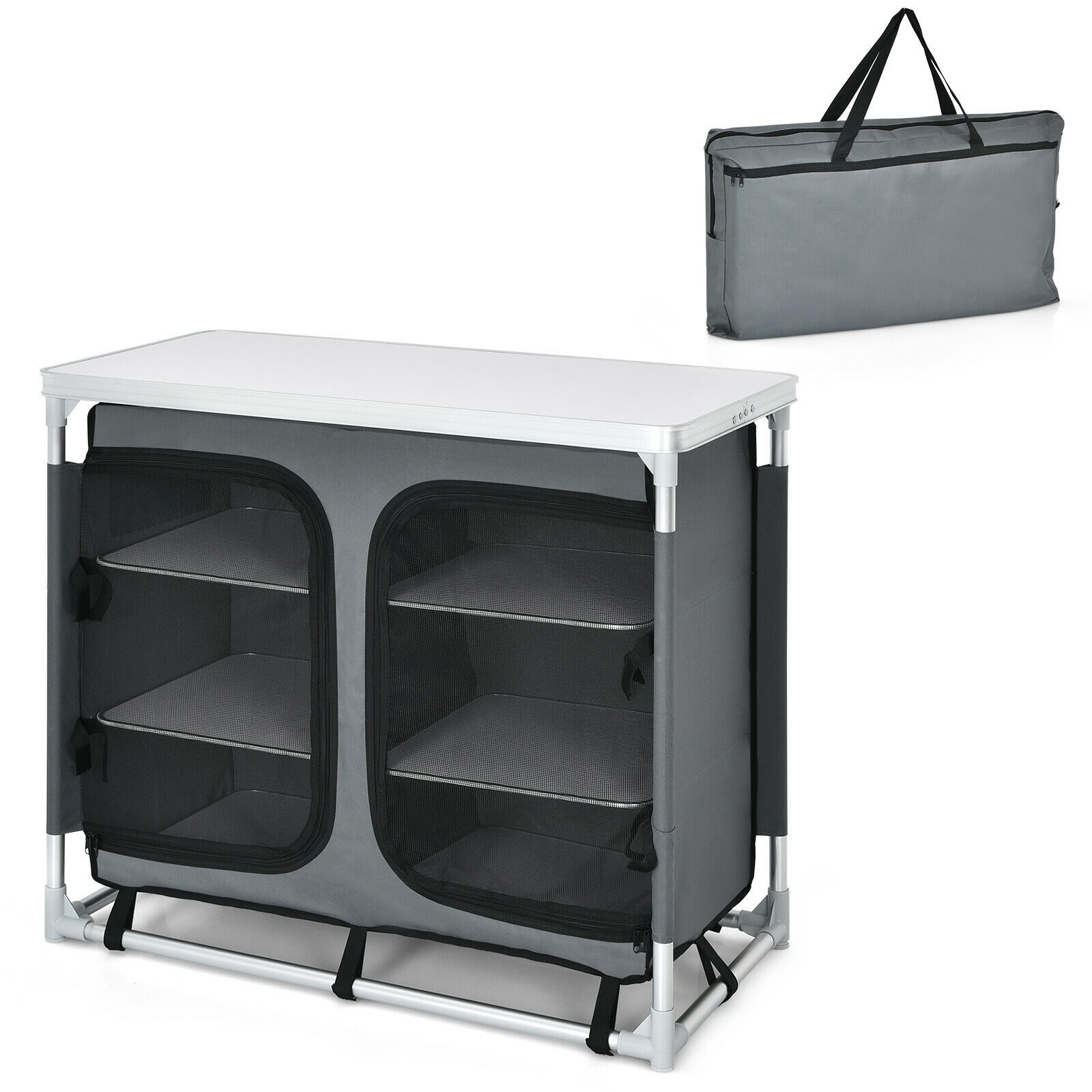 Portable-Camping-Table-Aluminum-Kitchen-Table-w-Storage-Shelves-Carrying-Bag-OP70295GR